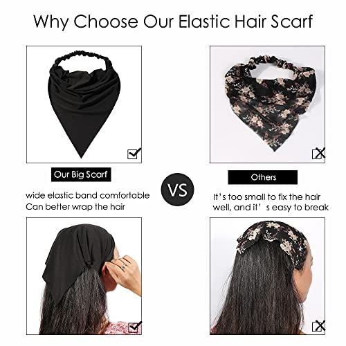 Vercret 6 Pack Hair Scarf Headband for Women Elastic Bandana Head Scarf Large Boho Triangle Kerchief with Clips Non Slip Scarves - color: E Dack Colors