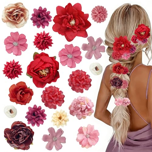 21 Pieces Silk Flower Hair Clip Women Aesthetic Boho Floral Hair Barrettes Handmade Rose Bride Barre Hair Accessories Wedding(Red) - color: Red
