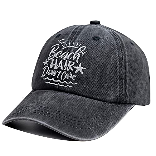 HHNLB Beach Hair Don’t Care Hat, Washed Cotton Adjustable Embroidered Baseball Cap - color: Embroidered Black
