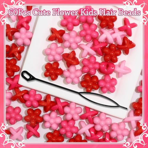 NAISKA 60PCS Pink Hair Beads for Braids Hot Pink Bead Loc Dreadlock Jewelry Multi-style Large Hole Beads Cute Flower Valentine's Day Hair Accessories for Kids Girls - color: Pink & Rose Red & Red