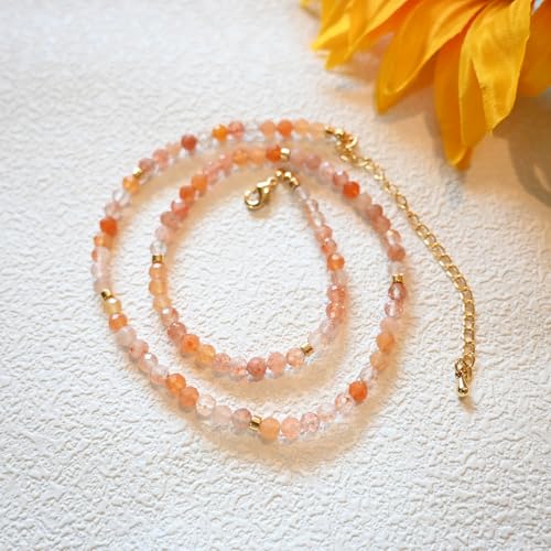 ZANNAH Gemstone Beaded Necklaces for Women - Boho Style Essential Necklace 15" + 3.14" Extender, Cute and Trendy Choker, Natural Stone Handmade Jewelry, Thoughtful Gifts for Women - color: Orange - Sunstone