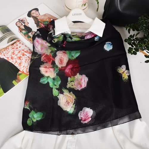 100% Mulberry Silk Women's Neck Silk Scarf-Lightweight Shawl,FLoral Print Beach Silk Wrap-Scarves for Photography - color: Black