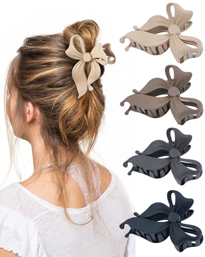 4 PCS Bow Hair Clips Bow Claw Clip for Women, Large Hair Claw Clips for Thin Thick Long Hair Cute Nonslip Bows (Black+Grey+Dark Brown+Light Brown) - color: Black+Grey+Dark Brown+Light Brown