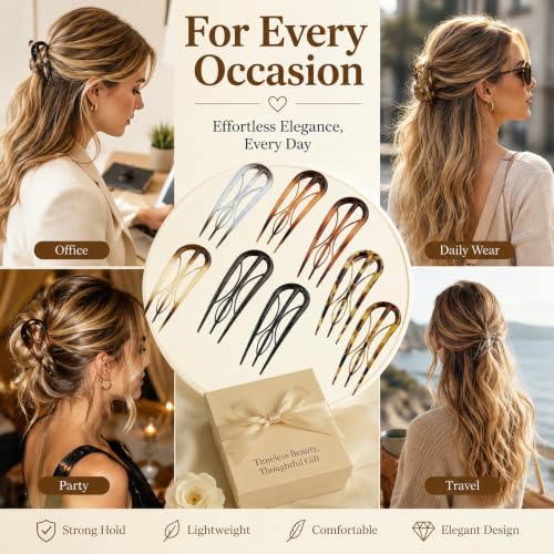 French Hair Pins for Women - 8 PCS Large U-Shaped Hair Forks with Internal Teeth, Strong Hold for Thick & Thin Hair, Effortless French Twists, Updos, Buns & Chignons, Hairstyle Accessories