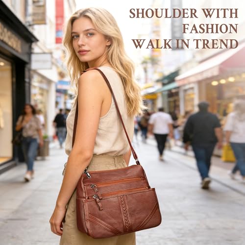 ELDA Crossbody Bags For Women Pocketbooks Soft PU Leather Purses and Handbags Multi Pocket Shoulder Bag - color: Amber Brown
