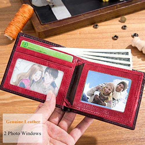 BULLCAPTAIN RFID Wallets for Men,Genuine Leather Wallet QB-05（Crimson ） | Slim,Bifold,Front Pocket Wallet, 2 ID Windows,11 Card Slots,RFID Blocking TechnologyGift Choice - color: Crimson