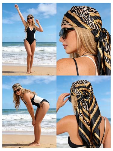 SweatyRocks Women's Printed Satin Hair Scarf Neckerchief Square Scarf Bandanas Head Wraps - color: Black Leopard