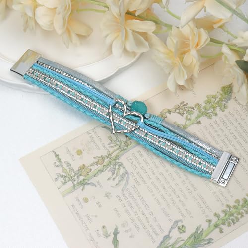Leather Wrap Bracelet for Women, Boho Cuff Bracelet with Strong Clasp, Multi-Layer Crystal Leather Bracelet for Valentine Mother's Day - color: 01-Heart-Light Blue