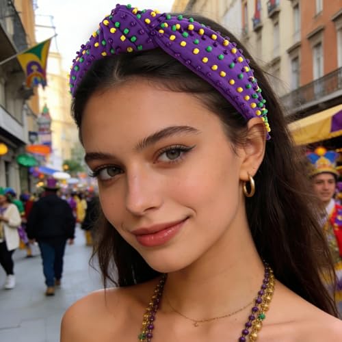 YISSION Mardi Gras Knotted Beaded Wide Headband for Adults - Purple Green Yellow Festival Hair Accessory for Parade, Costume Party & Celebration - color: Purple,Yellow,Green