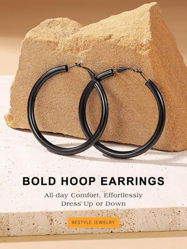 Bestyle 5mm Thick Gold Hoop Earrings Hypoallergenic Hoops for Sensitive Ears Trendy Lightweight Chunky Earrings for Women 30/40/60/80mm - color: 01-Black, size: 60mm