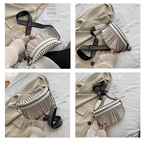 GLT.ETL Fanny Pack Chest Bag For Women Faux leather Fringe Quilted Waist Cross Body Blet Bum Bags Rivet Studded Tassel Purses (Beige White) - color: White