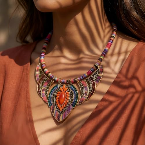 African Tribal Jewelry Set for Women - 2pcs Chunky Colorful Boho Vintage Statement Necklace Earrings Bib Choker Festival Costume Ethnic Accessories - style: Red Style