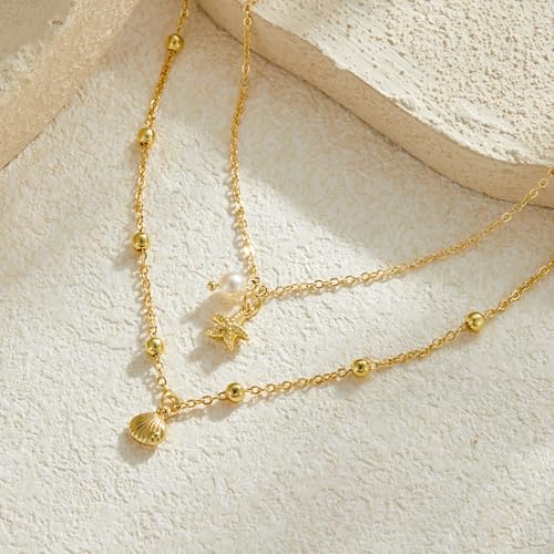 Seashell Starfish Necklace for Women Conch Shell Summer Pearl Beach 14k Gold Layered Dainty Choker - style: Big Starfish