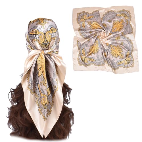 35 x 35 Women's Fashion Pattern Large Square Silk Like Hair Scarf Head Sleeping Wrap Satin Neck Bandana for Gift… - color: Garland Cashew Nuts-beige