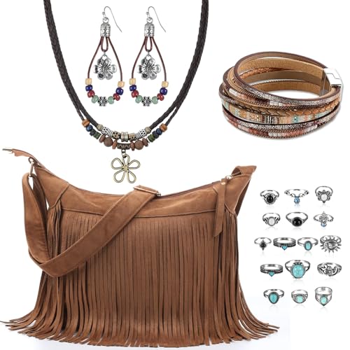 gisgfim 20 Pcs Boho Jewelry Fringe Purse Set Hippie Western Jewelry Fringe Bag Hippie Multi-Layer Choker Necklace Leather Bracelet Turquoise Rings Dangle Earring Western Gifts Set for Women