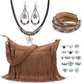gisgfim 20 Pcs Boho Jewelry Fringe Purse Set Hippie Western Jewelry Fringe Bag Hippie Multi-Layer Choker Necklace Leather Bracelet Turquoise Rings Dangle Earring Western Gifts Set for Women