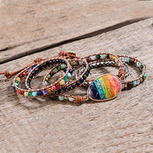 YGLINE Boho Handmade Wrap Leather Tube Crystal Stone Bracelet for Women - color: Chakra 3