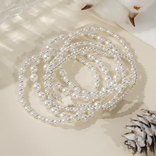 Silver Gold Beaded Bracelets for Women Stackable 14K Gold Plated Beads Ball Cross Bracelet Stack Non Tarnish Elastic Stretch Trendy Jewelry Christian Friendship Christmas Gifts for Women - color: 6pcs-Silver