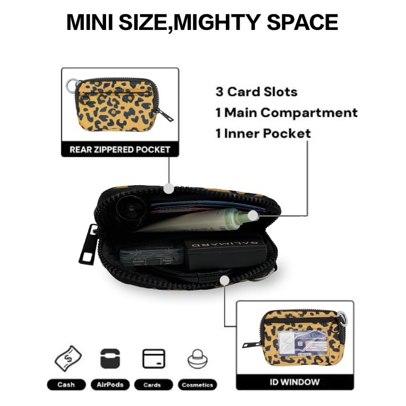 Wristlet Wallet for Women Mini Zip Card Case with Clear ID Window Zipper Coin Purse Lightweight Portable Keychain Wallet - color: Leopard Print