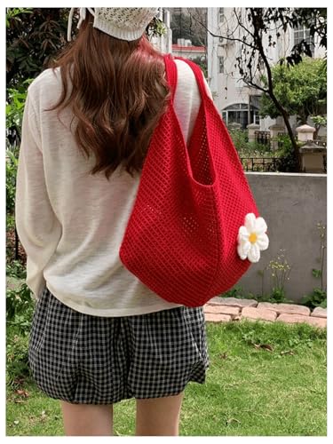 OYOANGLE Women's Floral Applique Crochet Beach Tote Bag Summer Boho Mesh Woven Tote Bag - color: Red