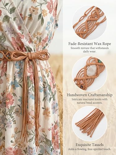 TeeYee Women's Waist Belt Adjustable Boho Style Handwoven Bohemia Tassel Rope Tie with Wooden Beads Braided Chain for Dress - color: 284tan