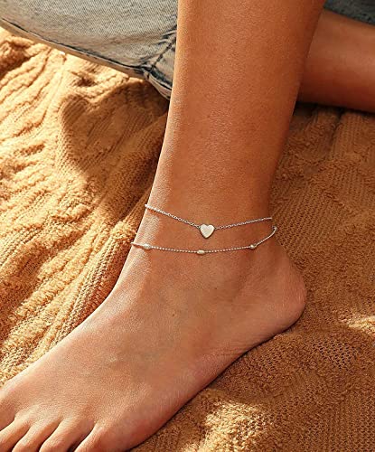 Fesciory Women Heart Anklet Adjustable Beach Layered Ankle Bracelets for Women Gold Alloy Foot Chain Jewelry - color: Silver Heart