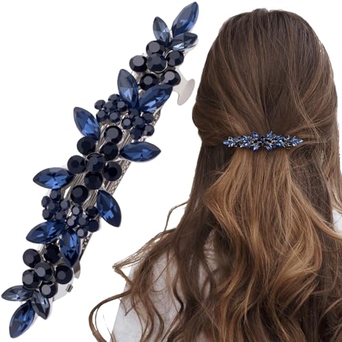 Joez Wonderful Rhinestone Hair Clip Sparkly Crystal Barrettes French Wedding Prom Engagement Pageant First Communion Hair Decorative Accessories for Women Bride Thick Long Hair (Blue, 1 Pcs) - color: Rhinestone Blue