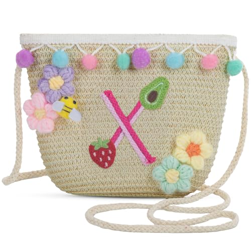 Letter Small Woven Straw Summer Beach Tote Bag for Women 2025,Woven Straw Beach Purse Shoulder Crossbody Bag for Women 2025 - color: Brown X