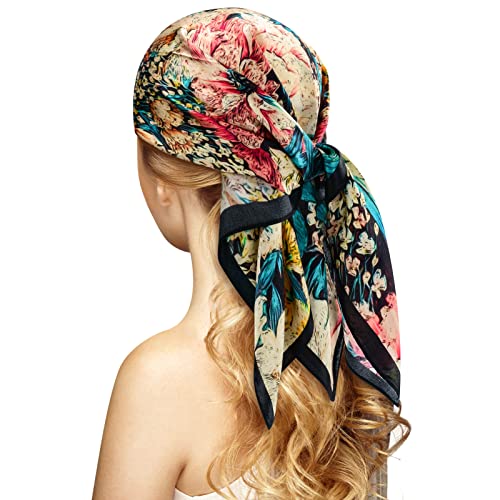 Stlvoll 100% Silk Head Scarf for Women - 27" Hair Scarves Satin Bandanas Square for Night Sleeping with Gift Packed - color: Blue/Red/White/Flower