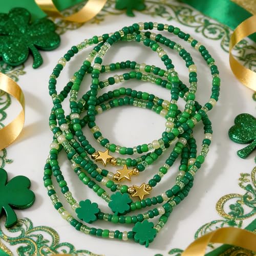 Dainty Gold Beaded Star Bracelets Stack for Women,Handmade Boho Colorful Beads Bracelet Fashion Prom Holiday Jewelry Gift Friendship Family - color: St Patricks Day
