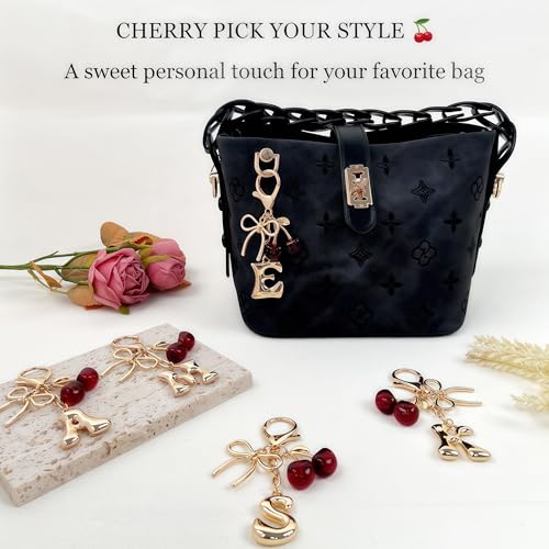 Cute Initial Cherry, Bow, Heart & More Styles - Personalized Keychain Bag Charms & Purse Accessories for Handbags - color: Red Cherry, style: E