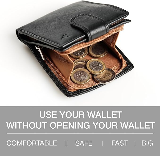 Soft Leather Wallet for Men – Genuine Bifold with Zipper Coin Pocket – Holds Bills, Credit Cards, Coins – RFID Blocking Protection – Stylish, Durable & Practical Leather Wallet for Men - color: Black - Camel