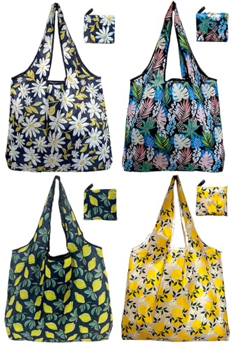 Reusable Grocery Bags, 4 Pack Foldable Shopping Tote Bags, Lightweight & Durable Eco Friendly Washable Totes for Groceries, Travel & Everyday Use - color: Lemon 4 Pack