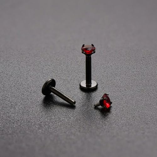 16G 18G Titanium Internal Thread CZ Stud Earrings Flat Back, Silver Black Tragus Helix Conch Cartilage Piercing Jewelry for Women Men 6mm 8mm 10mm Labret Studs 2PCS - color: Black, 16g, 10mm bar, 4mm Red CZ