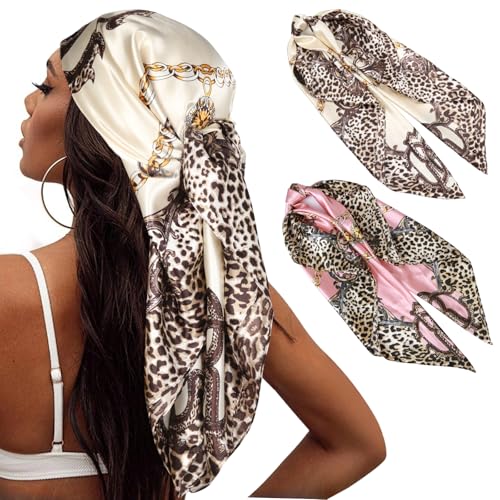 Head Scarf for Women Hair - 2 Pack 35" Square Satin Scarf, Silk Hair Scarf for Women Head Wrap for Sleeping - color: Beige Blush & Petal Pink