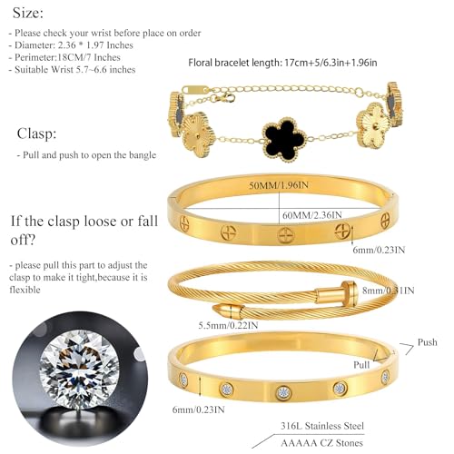 Womens Stackable Floral Gold Bracelets - 4Pcs 18K Gold Plated Bracelet,Stainless Steel Bangle Bracelets Non Tarnish, Gold Bracelet Set Trendy Jewelry,Christmas Valentines Birthday Gifts for Girlfriend - color: Bracelets Stack 4Sets (Floral Black+Gold Brac