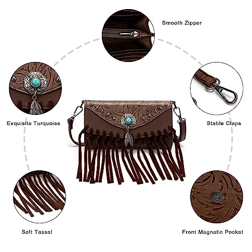 LAVAWA Small Crossbody Bags for Women Crossbody Handbag Fringe Purse Tassel Shoulder Bag Turquoise Concho Wallet - color: Western Coffee