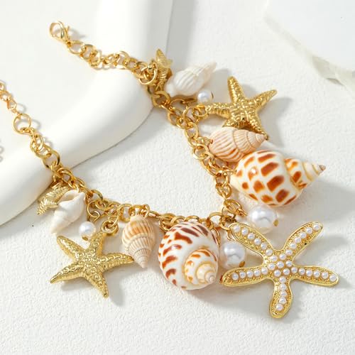 Qceasiy Shell Ankle Bracelet Set for Women, Gold Plated Boho Bead Adjustable Anklet, Hawaiian Beach Seashell Pearl Heart Starfish Conch Foot Jewelry Gifts - color: Conch Starfish1