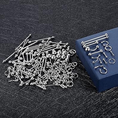 Oveta 150-151PCS Body Piercing Jewelry Lot 14G 16G 20G Stainless Steel Nose Lip Tongue Cartilage Tragus Eyebrow Industrial Barbell Belly Button Rings Piercing Kit Jewelry - style: 151pcs-Silver