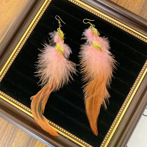 Feather Earrings for Women Bohemian Fringe Tassel Long Drop Dangle Earrings Lightweight Boho Statement earrings - color: pink