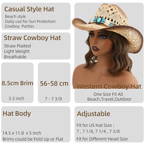 Straw Cowboy Hat, Western Cowgirl Hat, Wide Brim Sun Beach Hat for Men and Women - color: Khaki-m29