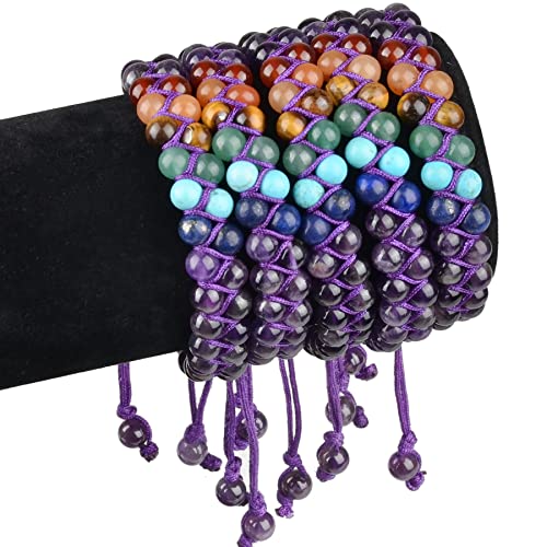 MASSIVE BEADS Double Layer Natural Chakra Healing Power Crystals Macrame Bracelet Yoga Stone Beads Gemstone Meditation Relax Anxiety Bangle for Unisex Women Men - color: 7-Chakras&Amethyst, size: 6mm