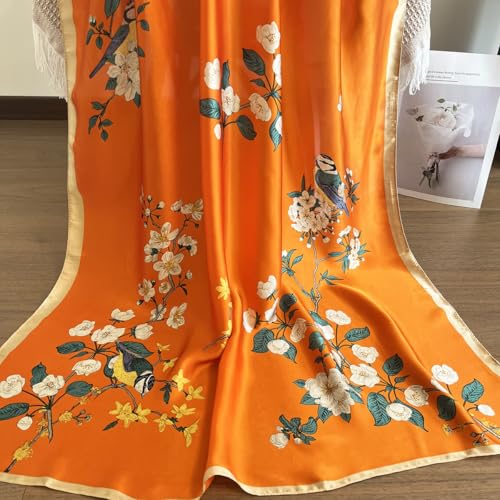 Long Silk Like Scarf Lightweight Satin Scarves Large Sunscreen Shawl Wrap for Women - color: 024.birds and Flowers Orange