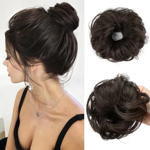 CJL HAIR 2PCs Small Cute Messy Bun Hair Piece for Thin Hair Women Mini Synthetic Curly Bun Scrunchies Updo Hairpieces Dark Brown - color: 2PCS-Dark Brown