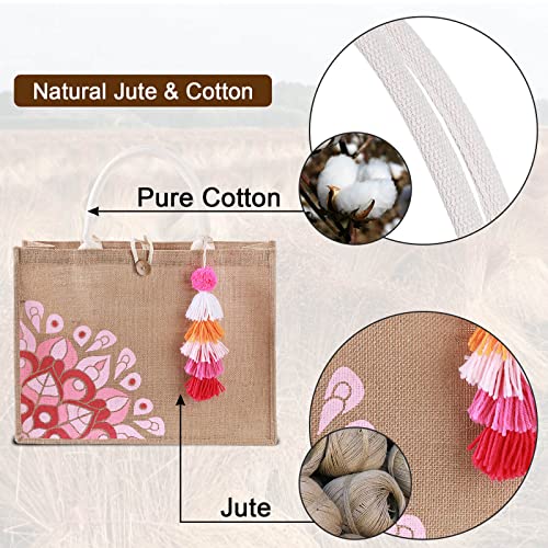 itgowisa Jute Beach Bag for Women, Burlap Beach Tote Bag with Tassel Pocket, Summer Gift for Vacation, Pool, Cruise & Grocery | Jute material - color: Pink Tassel