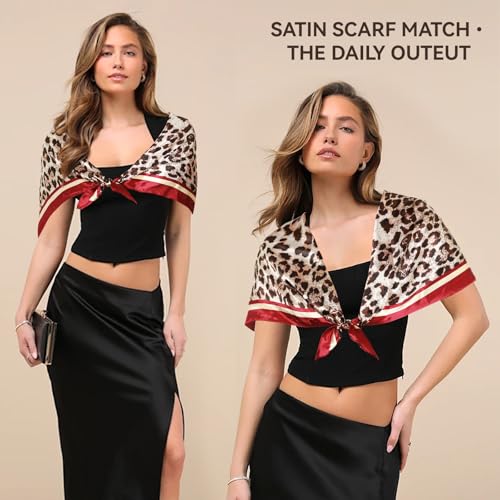 Head Scarf for Women Hair - 2 Pack 35" Square Satin Scarf, Silk Hair Scarf for Women Head Wrap for Sleeping - color: Black Leopard Print & Ruby Leopard