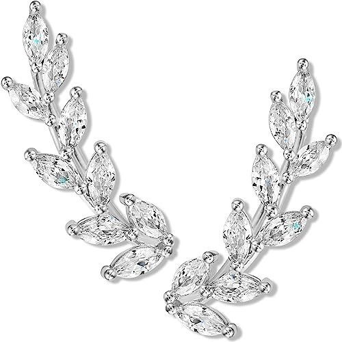 14K Gold or 925 Sterling Silver Plated Ear Crawler Earrings for Women - Crystal Leaf Ear Climber Earrings - Hypoallergenic, Safe for Sensitive Ears - color: 925 Sterling Silver Plated