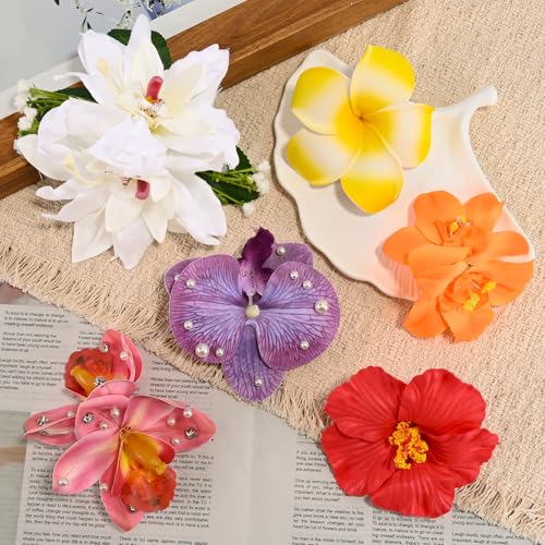 6 pcs Hawaiian Flower Hair Clips for Women，Plumeria Hibiscus Hair Clips Artificial Flower Clips, Boho Hair Accessories for Vacation Beach Party - Mixed Floral - color: Mixed Floral
