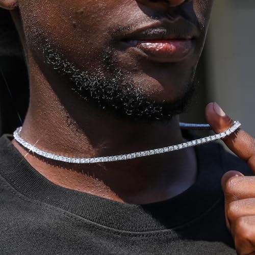 BREN Tennis Necklace - 3mm 4mm 5mm Iced Out Diamond Tennis Chain 5A Cubic Zirconia Necklace - 18K/White Gold Plated Flat Tennis Necklace for Women and Men Size 16"-22" - color: White Gold-3mm, size: 20 inch