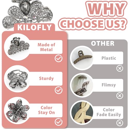 kilofly 3pc Vintage Crystal Hair Claw Clips Long Thick Hair Metal Clamps - color: 2 Small + 1 Medium